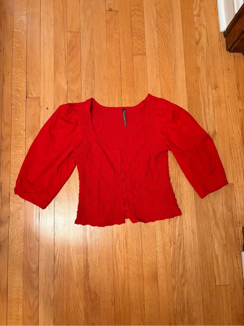 Anthropologie Puff Sleeve Square Neck Smocked Red Cardigan Top Size L